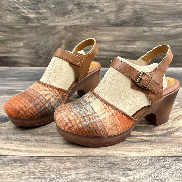 NIB BOC Born Natasha II 9M Closed Toe Ankle Strap Mary Jane Clogs Orange Plaid - Picture 4 of 11